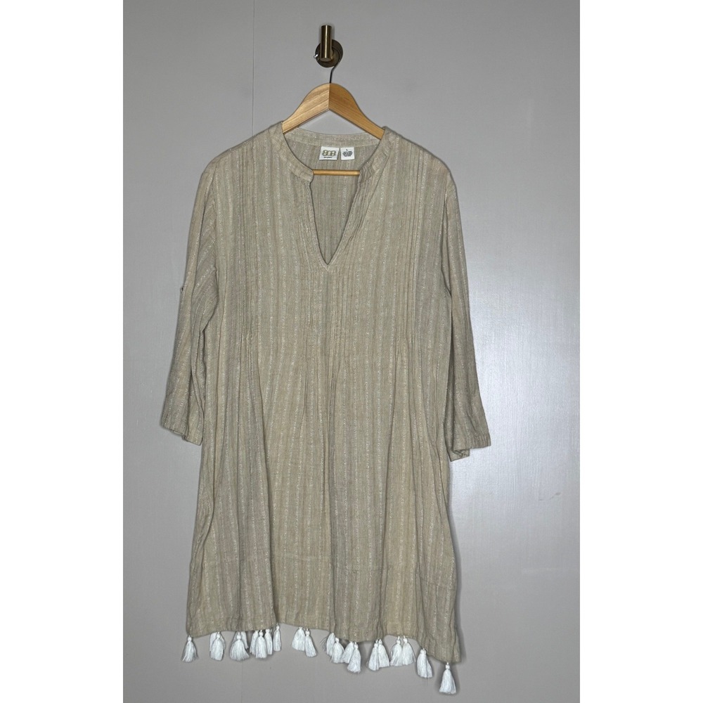 Boo Gemes 100% Linen Tunic‎ Dress Large Beige Tassel Hem Coastal Boho